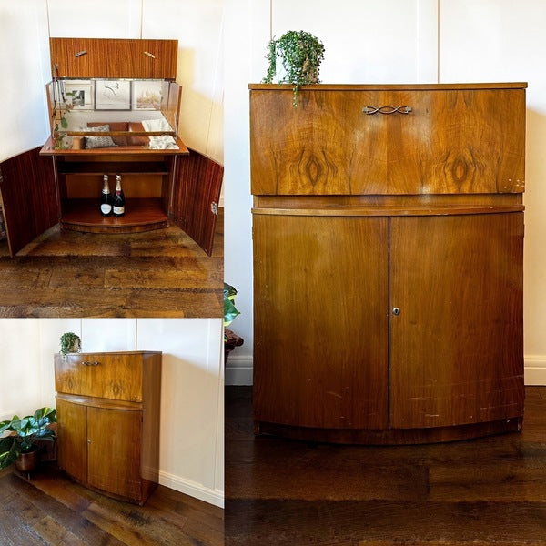 Walnut 1920’s inspired art deco gatsby cocktail cabinet, entertainment bar, whiskey unit, for bespoke design – A rare vintage treasure