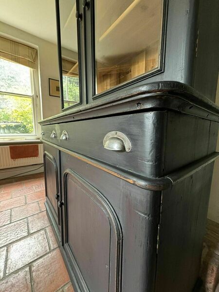 Large pine vintage black painted display china glazed cupboard cabinet bookcase – A rare vintage treasure