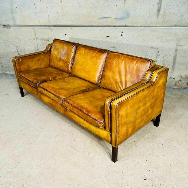 Vintage 70s danish stouby patinated light tan 3 seater leather sofa – A rare vintage treasure