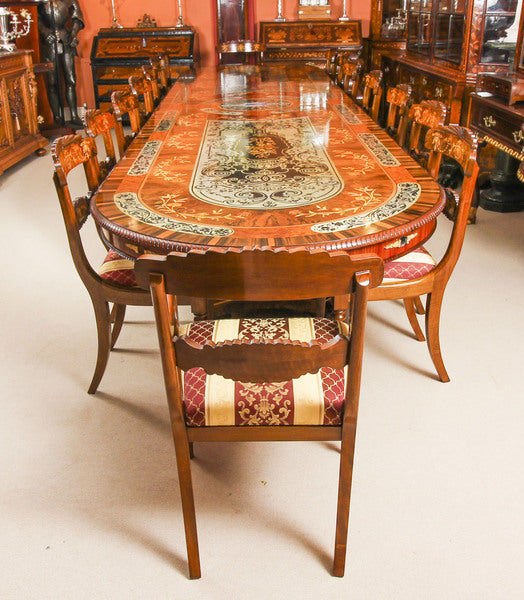 17ft marquetry bespoke dining table, pewter, lapis lazuli & agate inlaid – A rare vintage treasure