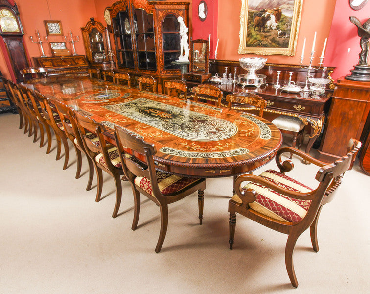 17ft marquetry bespoke dining table, pewter, lapis lazuli & agate inlaid – A rare vintage treasure