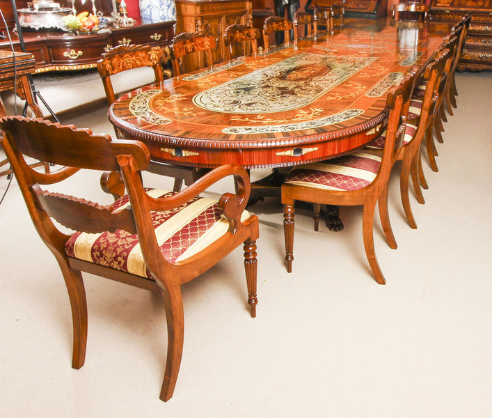 17ft marquetry bespoke dining table, pewter, lapis lazuli & agate inlaid – A rare vintage treasure