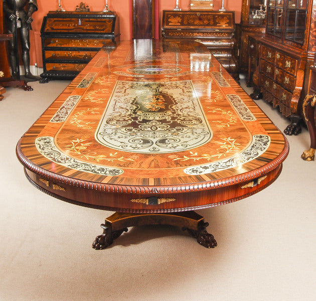 17ft marquetry bespoke dining table, pewter, lapis lazuli & agate inlaid – A rare vintage treasure