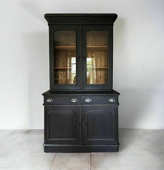 Large pine vintage black painted display china glazed cupboard cabinet bookcase – A rare vintage treasure