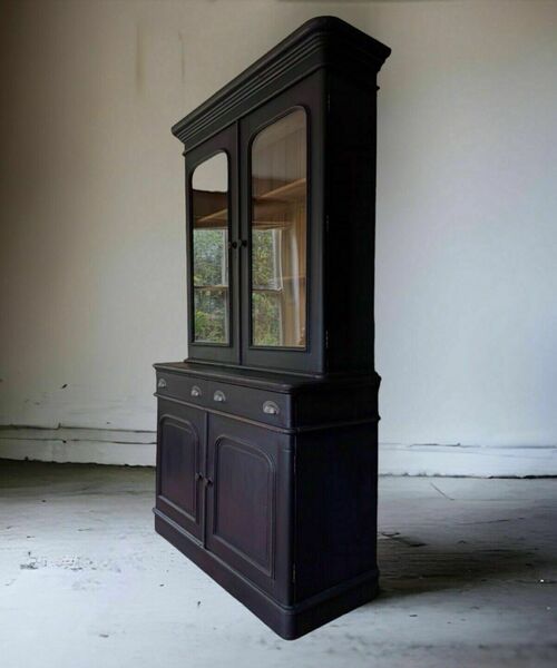 Large pine vintage black painted display china glazed cupboard cabinet bookcase – A rare vintage treasure