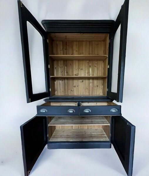 Large pine vintage black painted display china glazed cupboard cabinet bookcase – A rare vintage treasure