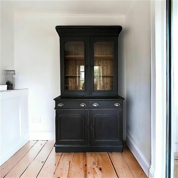 Large pine vintage black painted display china glazed cupboard cabinet bookcase – A rare vintage treasure