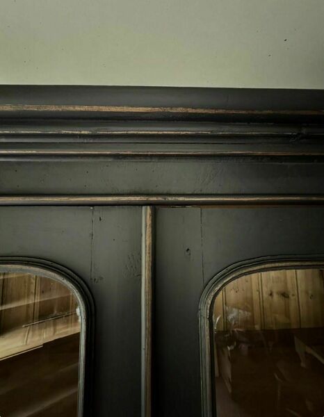 Large pine vintage black painted display china glazed cupboard cabinet bookcase – A rare vintage treasure
