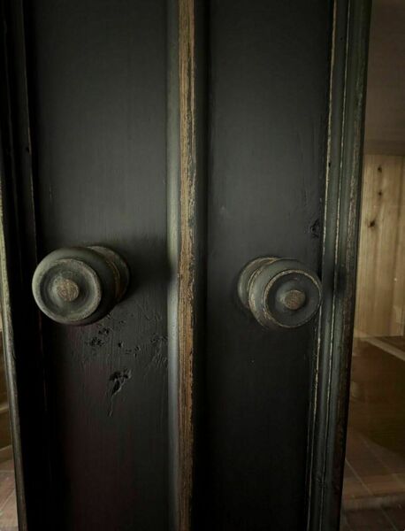 Large pine vintage black painted display china glazed cupboard cabinet bookcase – A rare vintage treasure