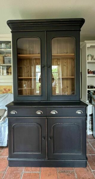 Large pine vintage black painted display china glazed cupboard cabinet bookcase – A rare vintage treasure