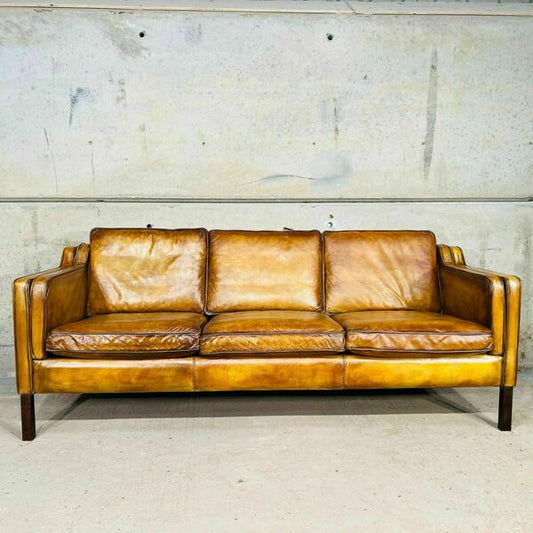 Vintage 70s danish stouby patinated light tan 3 seater leather sofa – A rare vintage treasure