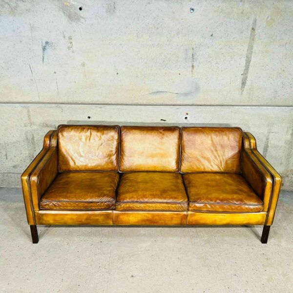 Vintage 70s danish stouby patinated light tan 3 seater leather sofa – A rare vintage treasure