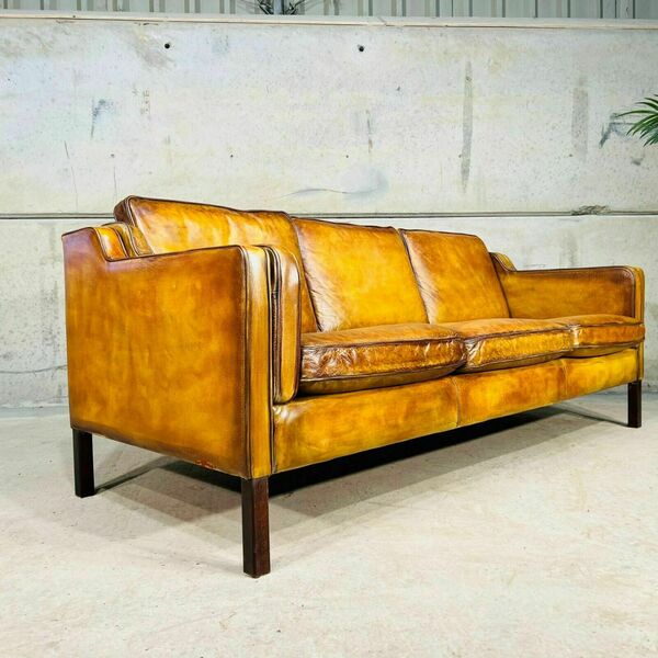 Vintage 70s danish stouby patinated light tan 3 seater leather sofa – A rare vintage treasure