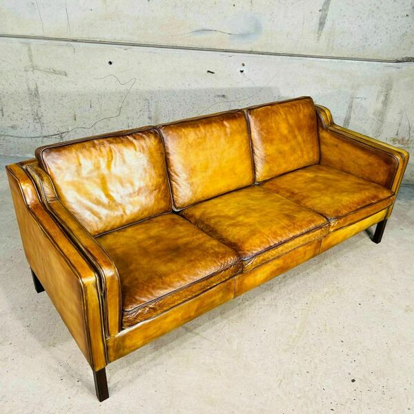 Vintage 70s danish stouby patinated light tan 3 seater leather sofa – A rare vintage treasure