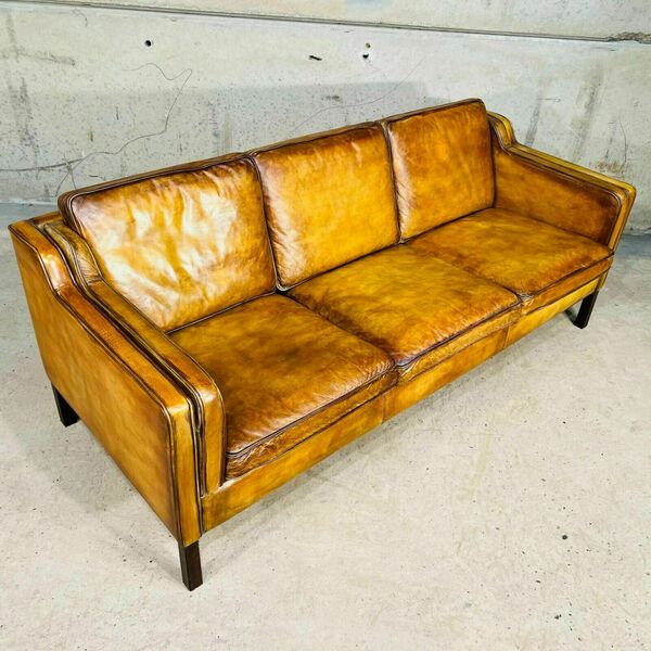 Vintage 70s danish stouby patinated light tan 3 seater leather sofa – A rare vintage treasure