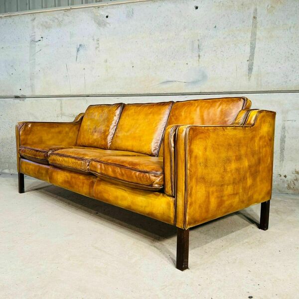 Vintage 70s danish stouby patinated light tan 3 seater leather sofa – A rare vintage treasure