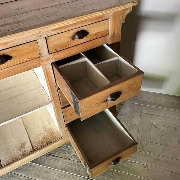 Vintage french pine haberdashery shop counter – A rare vintage treasure