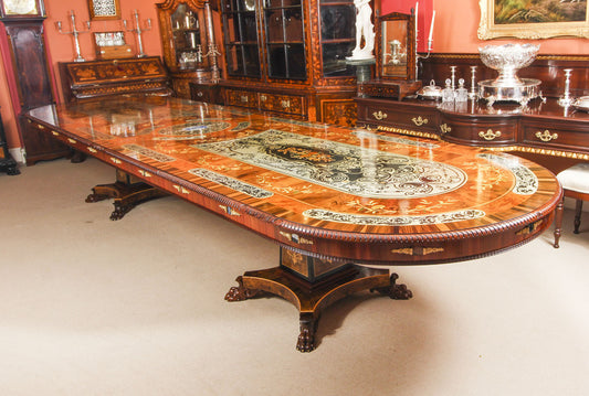 17ft marquetry bespoke dining table, pewter, lapis lazuli & agate inlaid – A rare vintage treasure