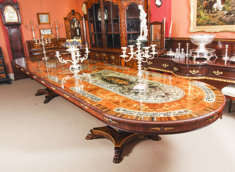 17ft marquetry bespoke dining table, pewter, lapis lazuli & agate inlaid – A rare vintage treasure