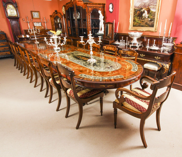 17ft marquetry bespoke dining table, pewter, lapis lazuli & agate inlaid – A rare vintage treasure