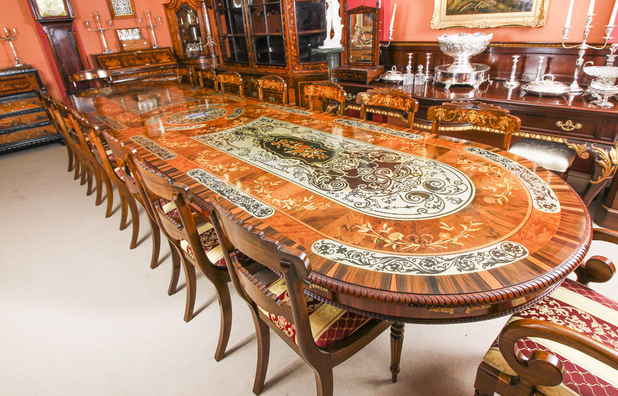17ft marquetry bespoke dining table, pewter, lapis lazuli & agate inlaid – A rare vintage treasure