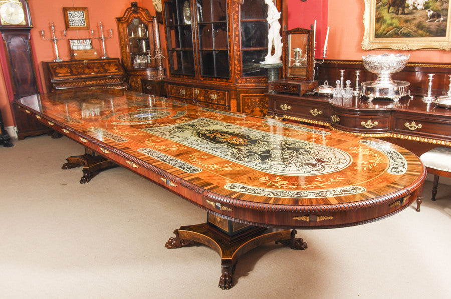17ft marquetry bespoke dining table, pewter, lapis lazuli & agate inlaid – A rare vintage treasure