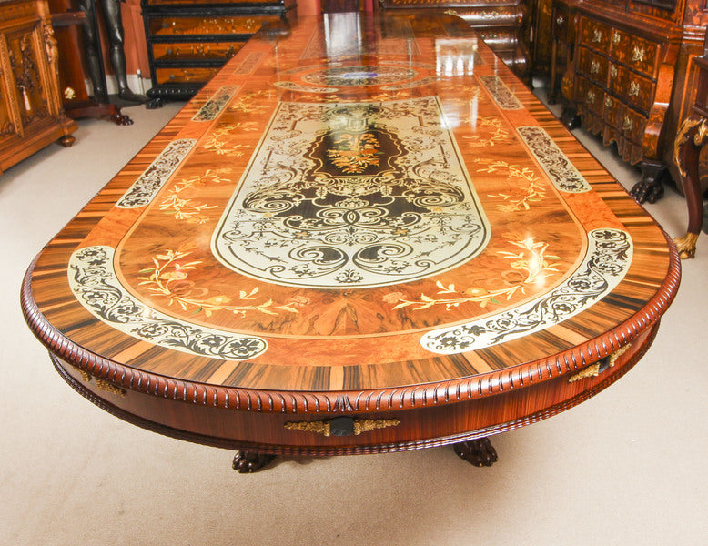 17ft marquetry bespoke dining table, pewter, lapis lazuli & agate inlaid – A rare vintage treasure